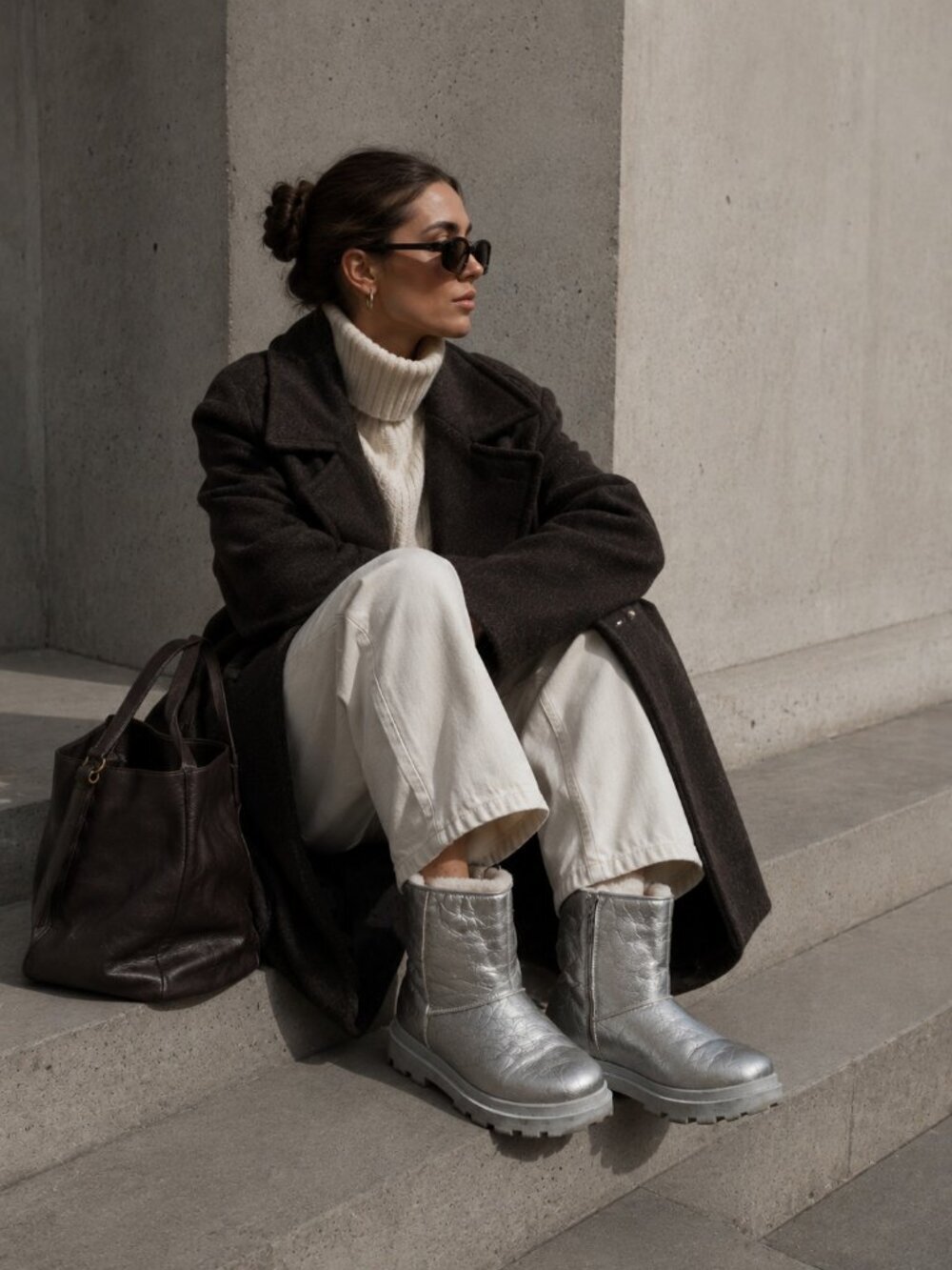 DWRS Metallic Silver Leather Ankle Boots Shearling Lined Platform Lug Sole 10.5